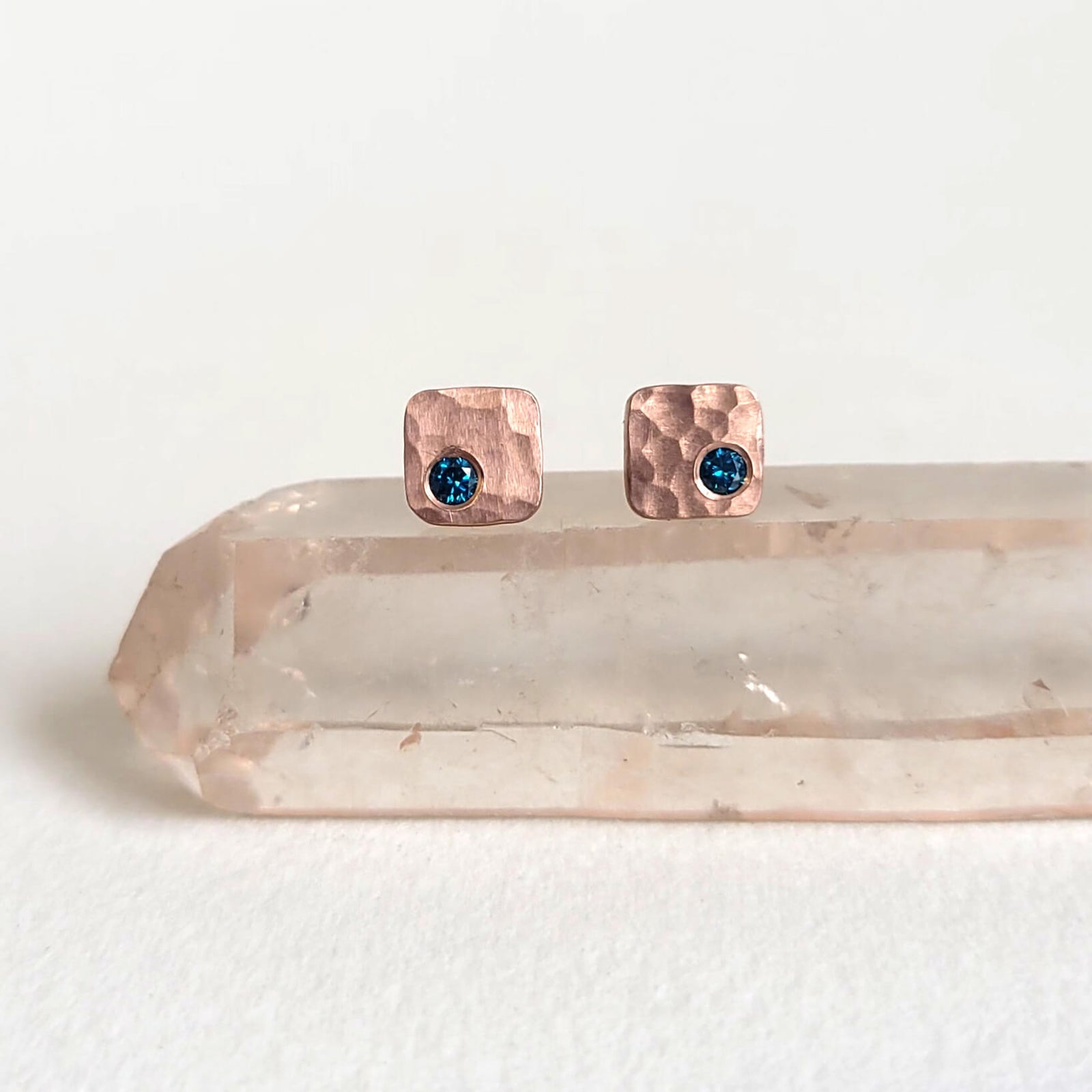 Solid Rose Gold Hammered Cell Studs with Blue Diamonds