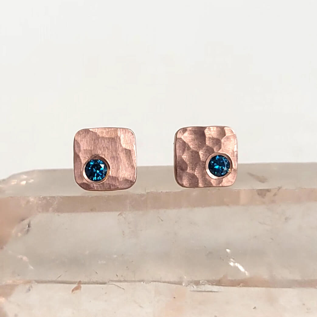 Solid Rose Gold Hammered Cell Studs with Blue Diamonds