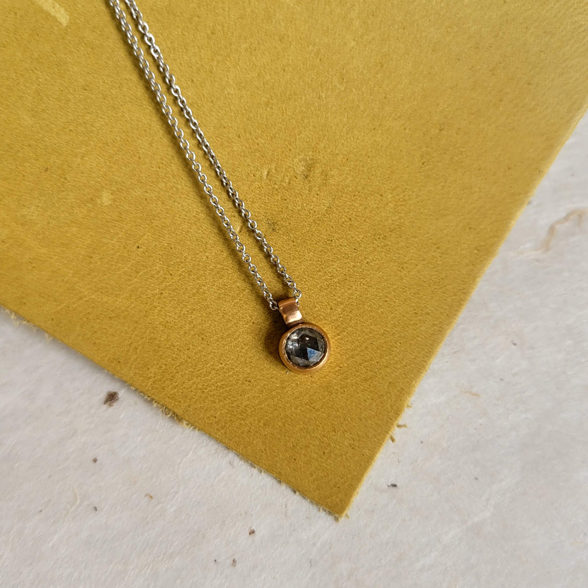 Rose Cut Salt and Pepper Diamond and Rose Gold Bezel Set Necklace
