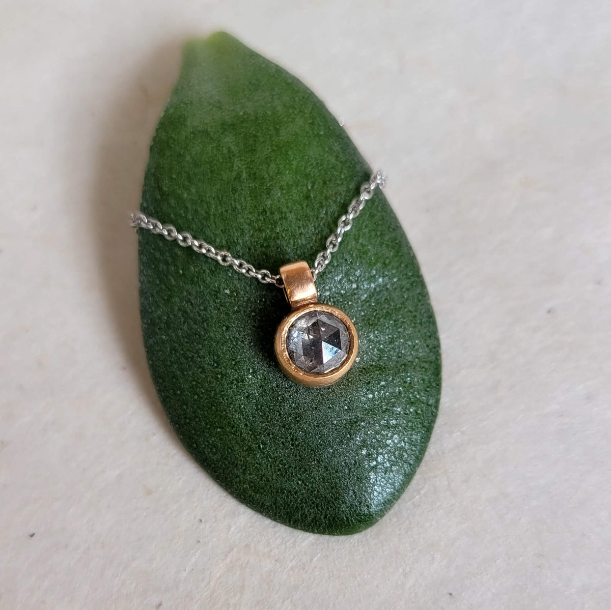 Rose Cut Salt and Pepper Diamond and Rose Gold Bezel Set Necklace