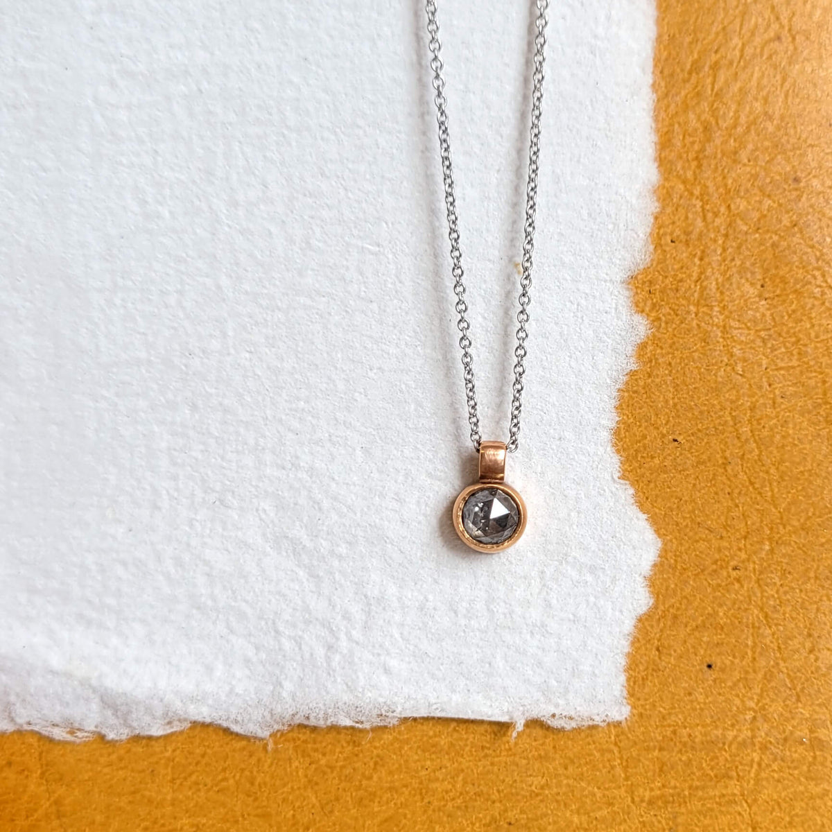 Rose Cut Salt and Pepper Diamond and Rose Gold Bezel Set Necklace