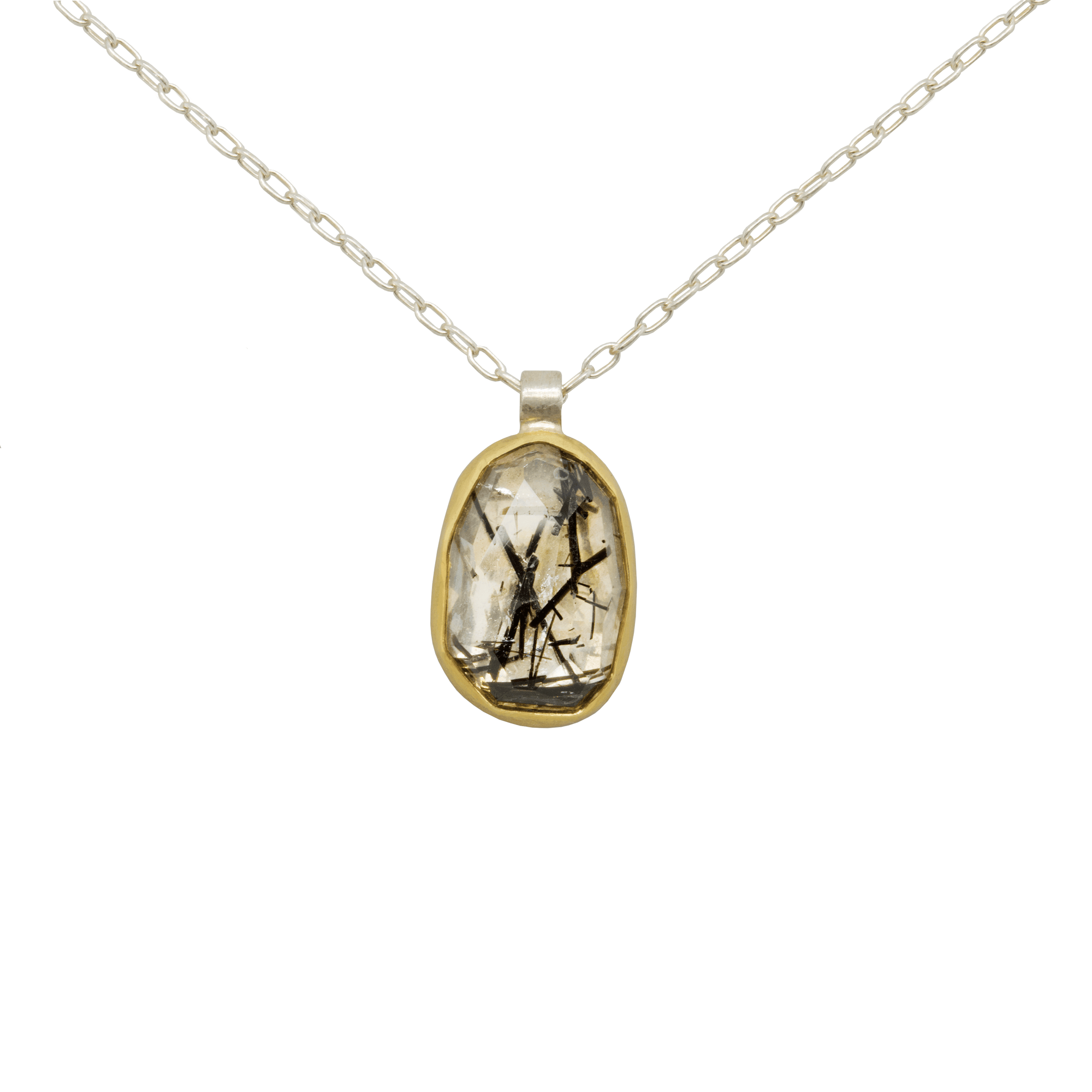 Black Tourmalated Quartz and Yellow Gold Pendant Necklace