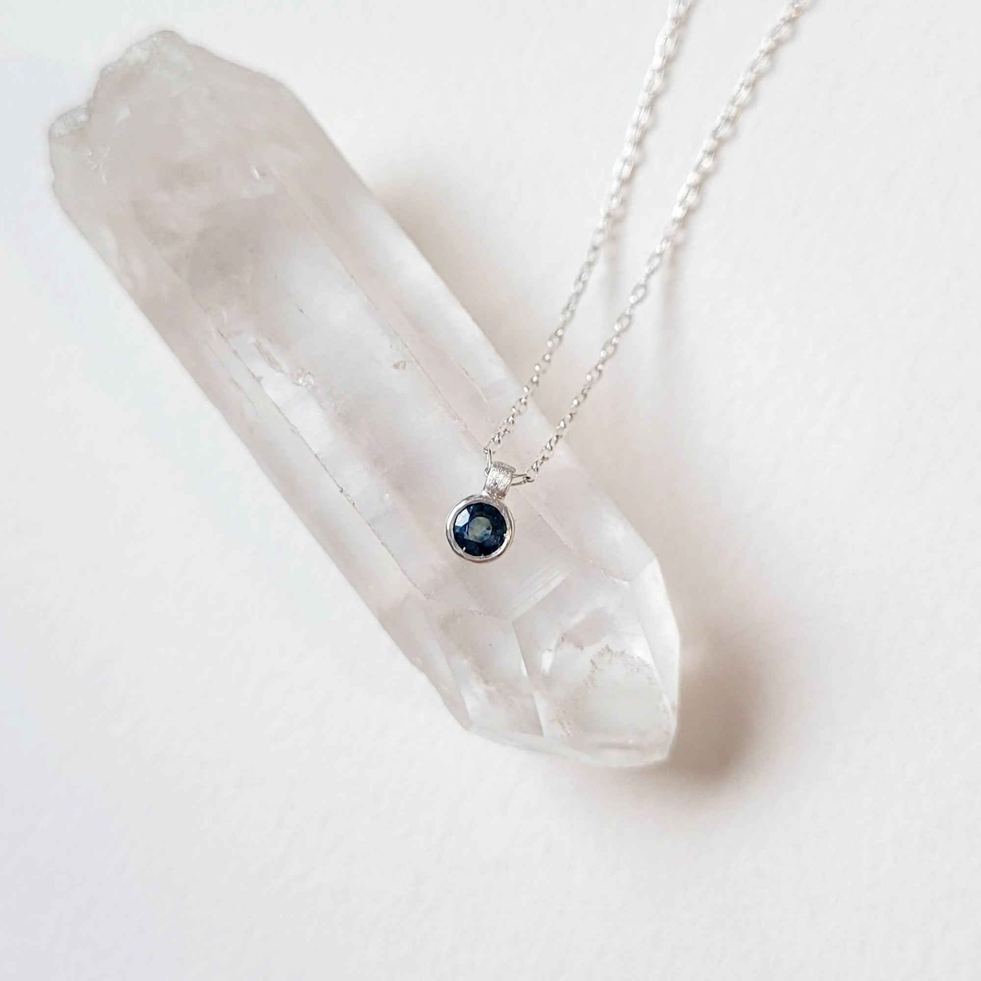 Blue Round Brilliant Sapphire and Sterling Silver Bezel Set Necklace