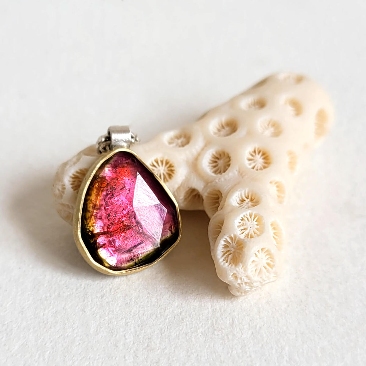 Pink Watermelon Tourmaline and Yellow Gold Necklace