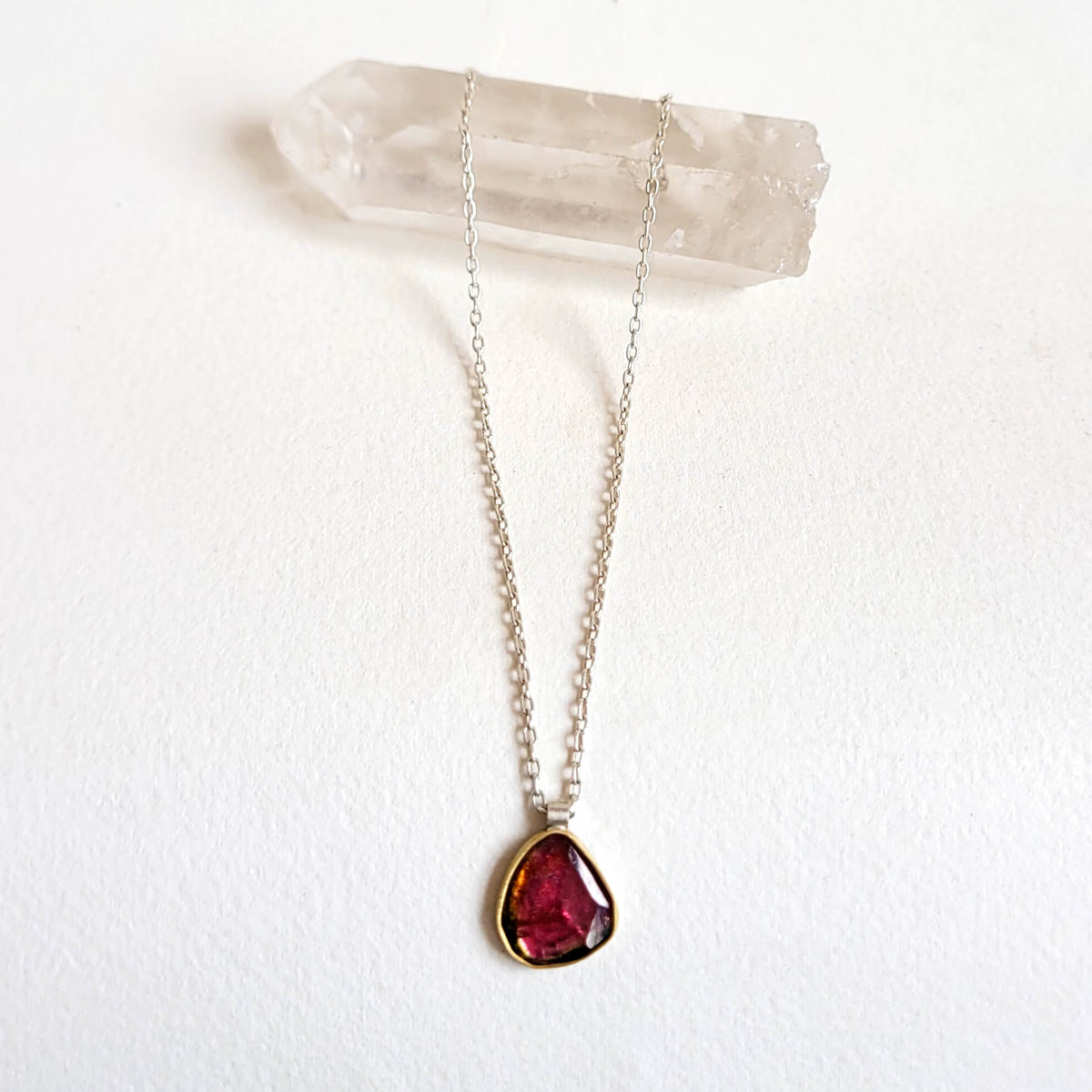 Pink Watermelon Tourmaline and Yellow Gold Necklace
