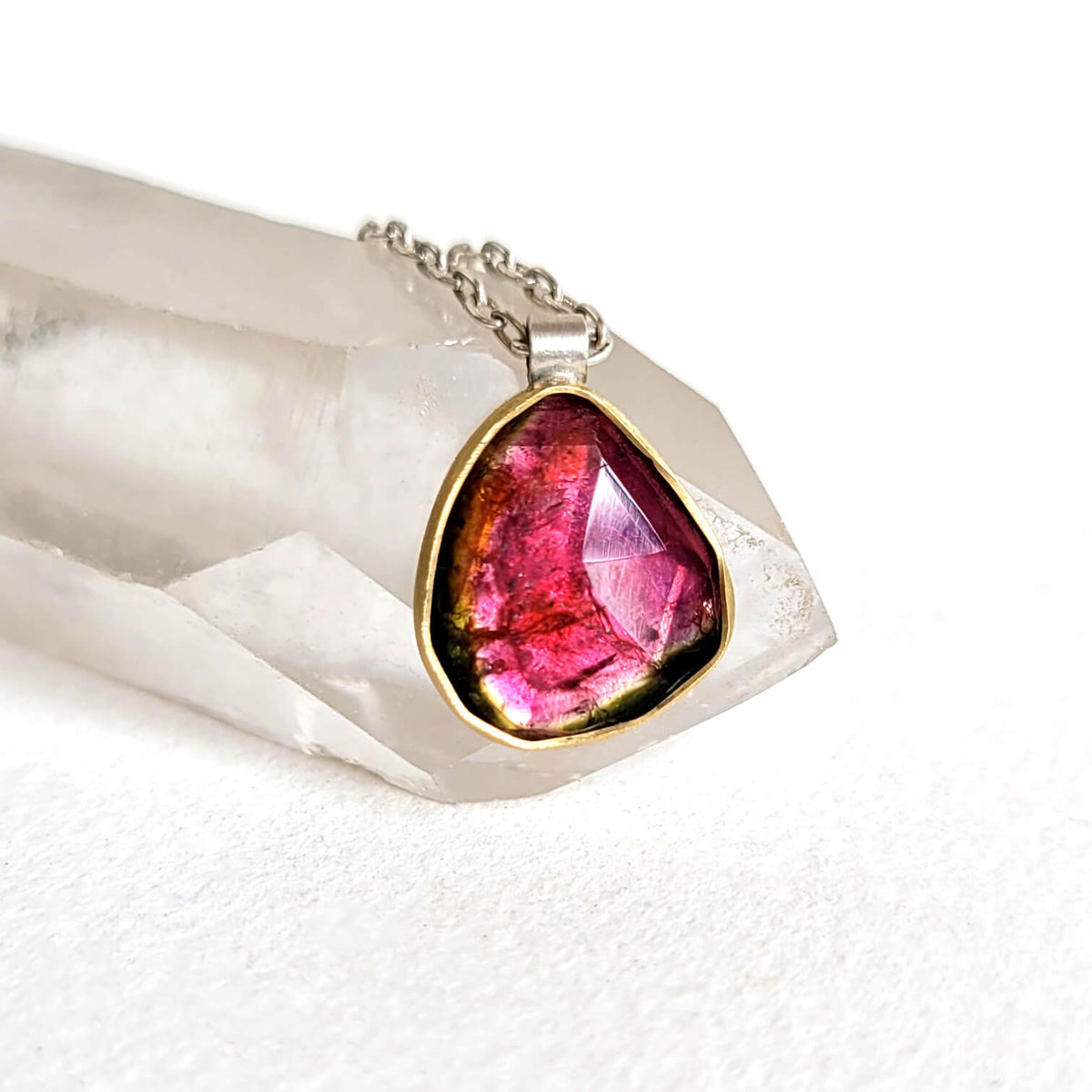 Pink Watermelon Tourmaline and Yellow Gold Necklace