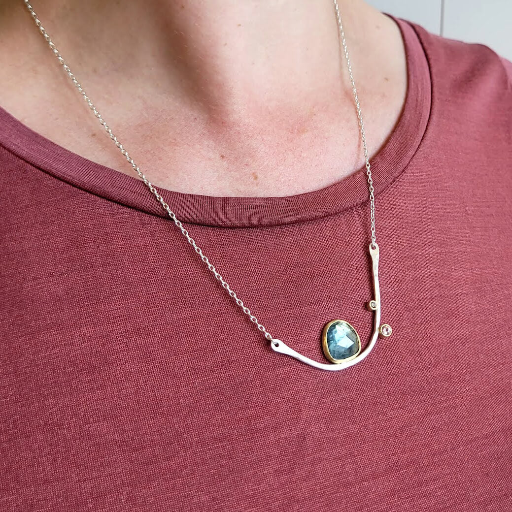 Branch Necklace in Sterling Silver with 18k Yellow Gold accents and a Rosecut Blue-Gray Tourmaline