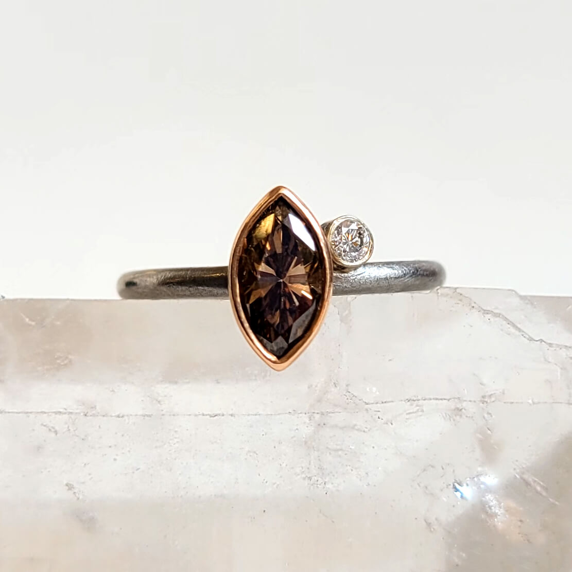 Marquis Cognac Diamond 2-Stone Ring in Palladium and Rose Gold