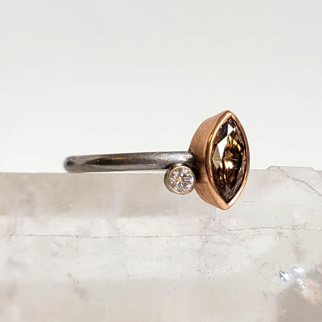 Marquis Cognac Diamond 2-Stone Ring in Palladium and Rose Gold