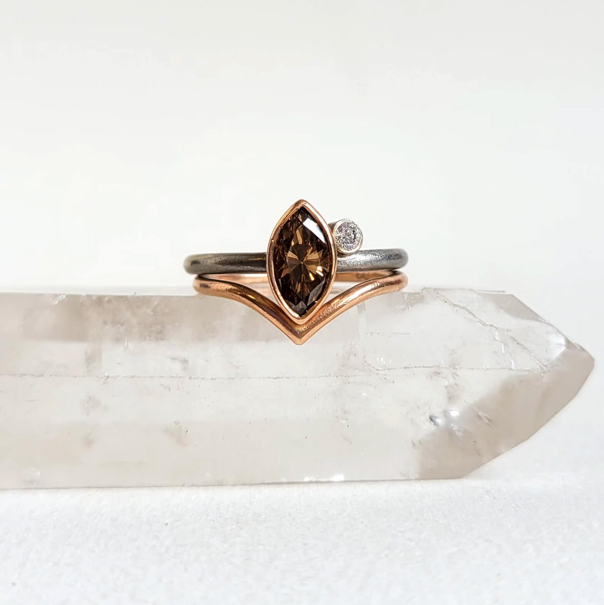 Marquis Cognac Diamond 2-Stone Ring in Palladium and Rose Gold
