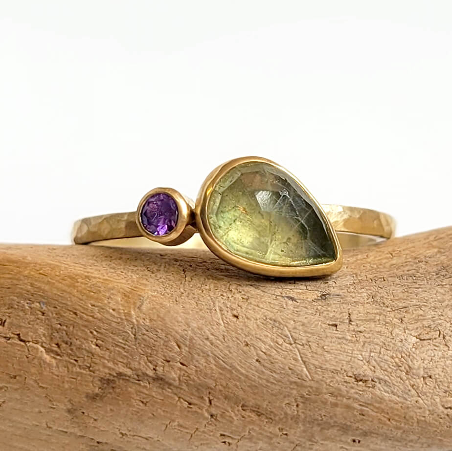 Green and Purple Sapphire Duo Ring in 18k Yellow Gold