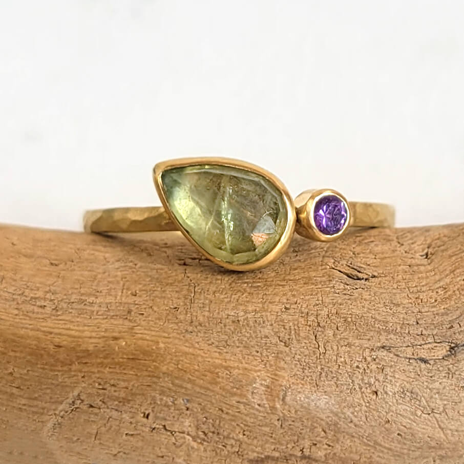 Green and Purple Sapphire Duo Ring in 18k Yellow Gold