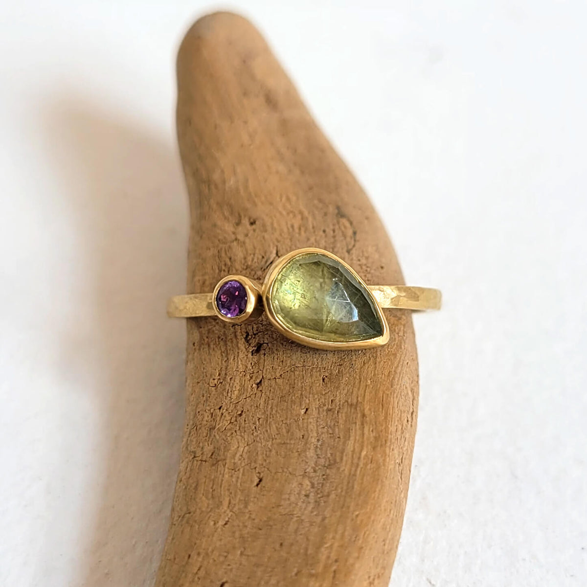 Green and Purple Sapphire Duo Ring in 18k Yellow Gold