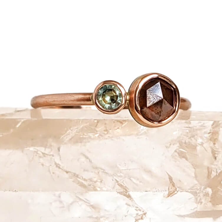 Red Diamond and Mint Sapphire Duo Ring in Rose Gold