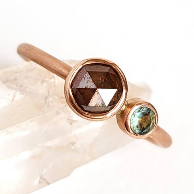 Red Diamond and Mint Sapphire Duo Ring in Rose Gold