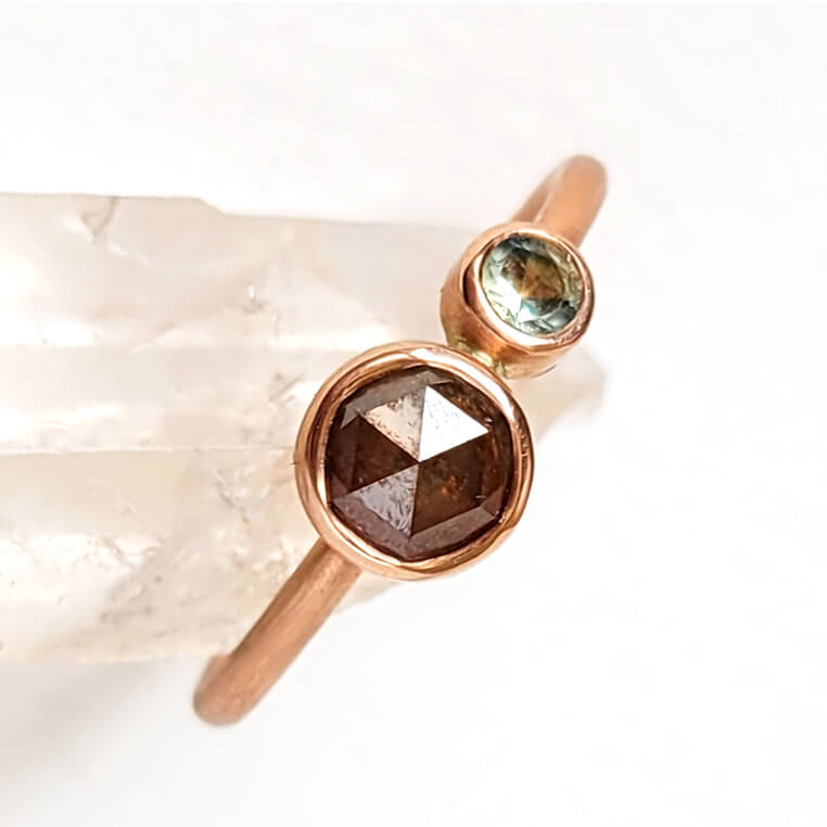 Red Diamond and Mint Sapphire Duo Ring in Rose Gold