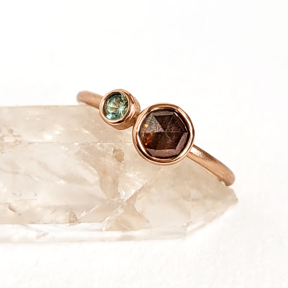 Red Diamond and Mint Sapphire Duo Ring in Rose Gold
