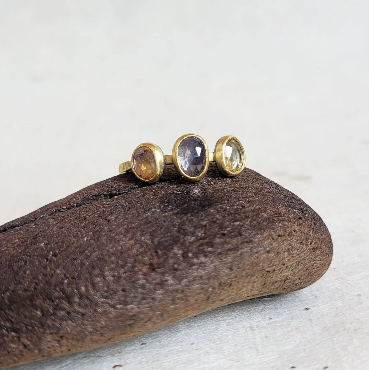 Sapphire Trio Ring with Rose Cut Sapphires in Yellow Gold