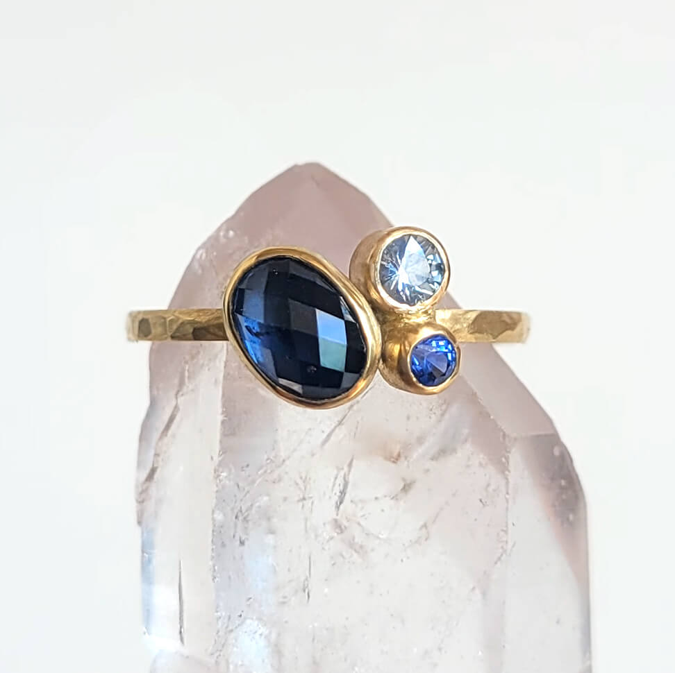 Asymmetrical Blue Sapphire Trio Ring in 18k Yellow Gold
