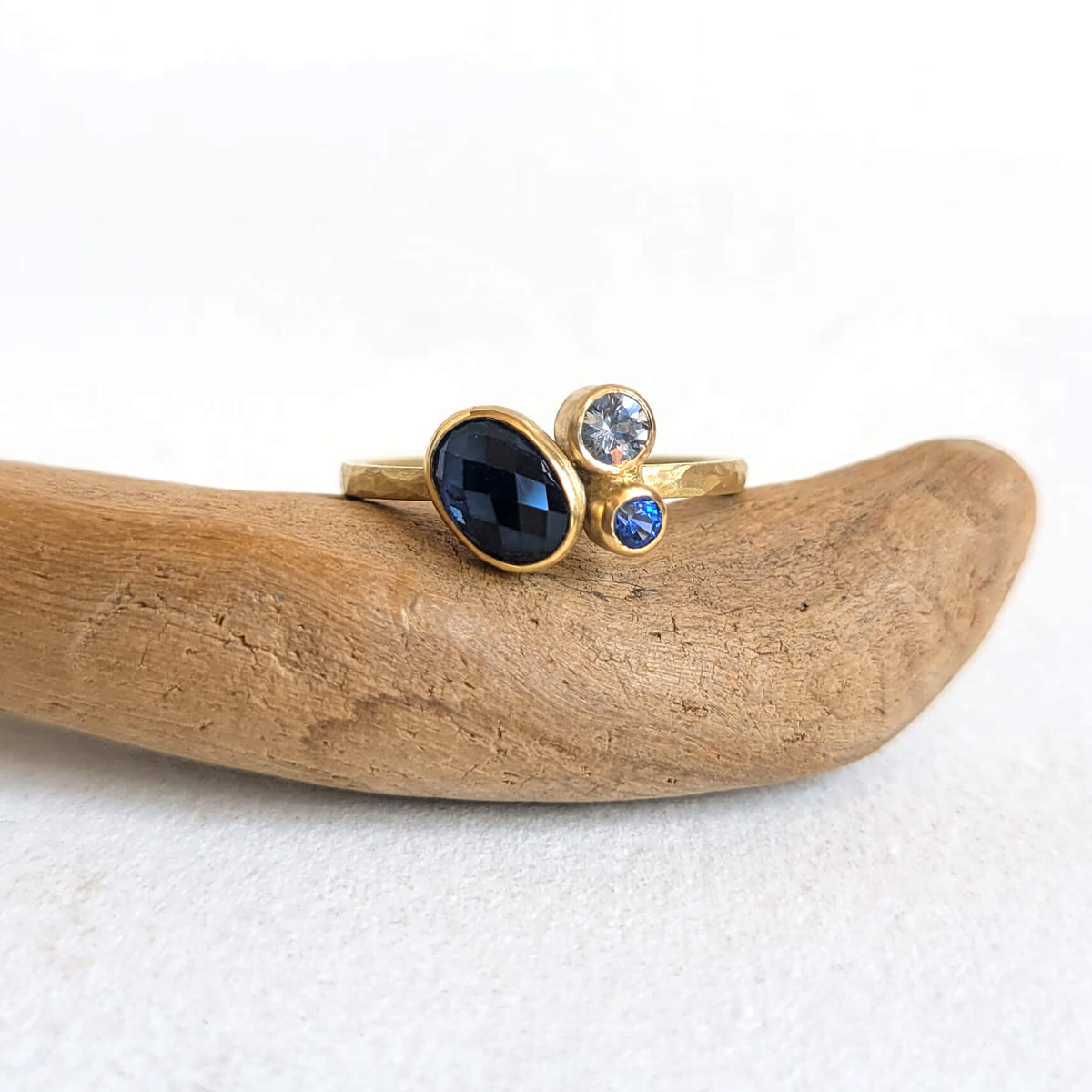 Asymmetrical Blue Sapphire Trio Ring in 18k Yellow Gold