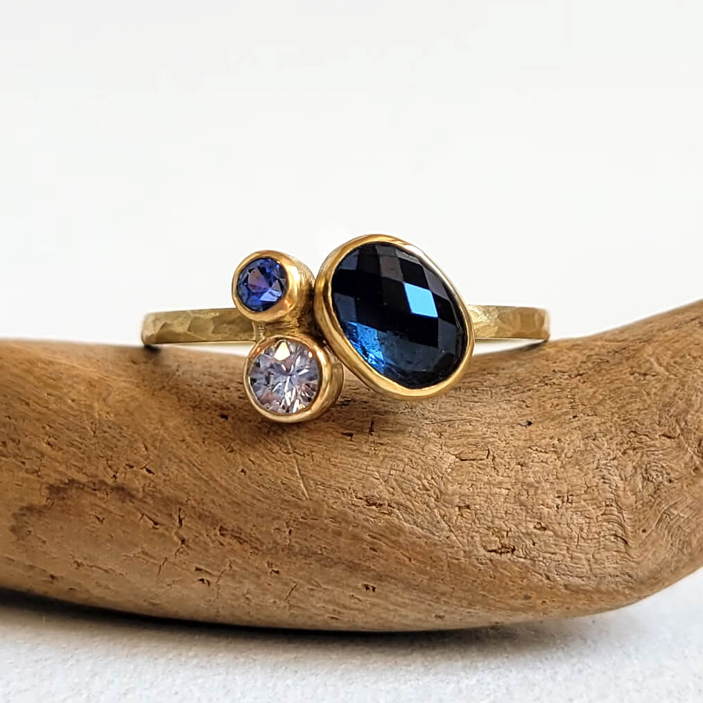Asymmetrical Blue Sapphire Trio Ring in 18k Yellow Gold