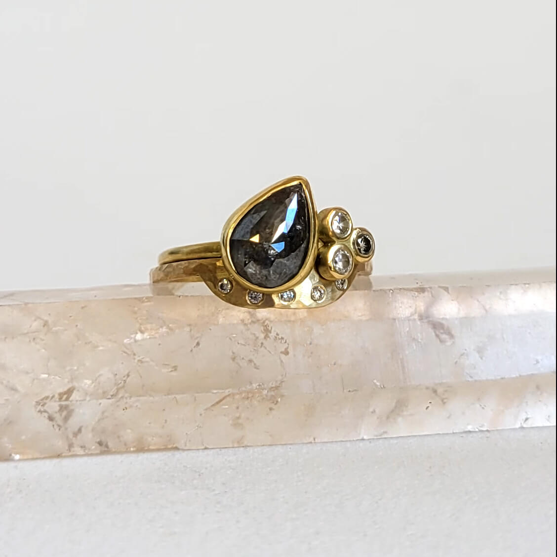 Tilted Gray Teardrop Diamond Cluster Ring in Yellow Gold