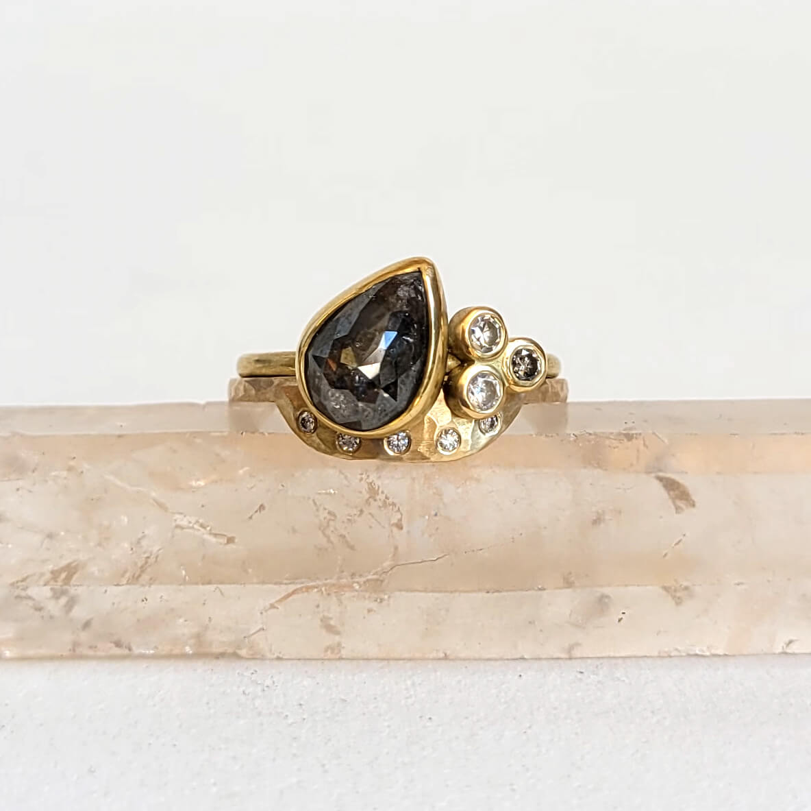 Tilted Gray Teardrop Diamond Cluster Ring in Yellow Gold