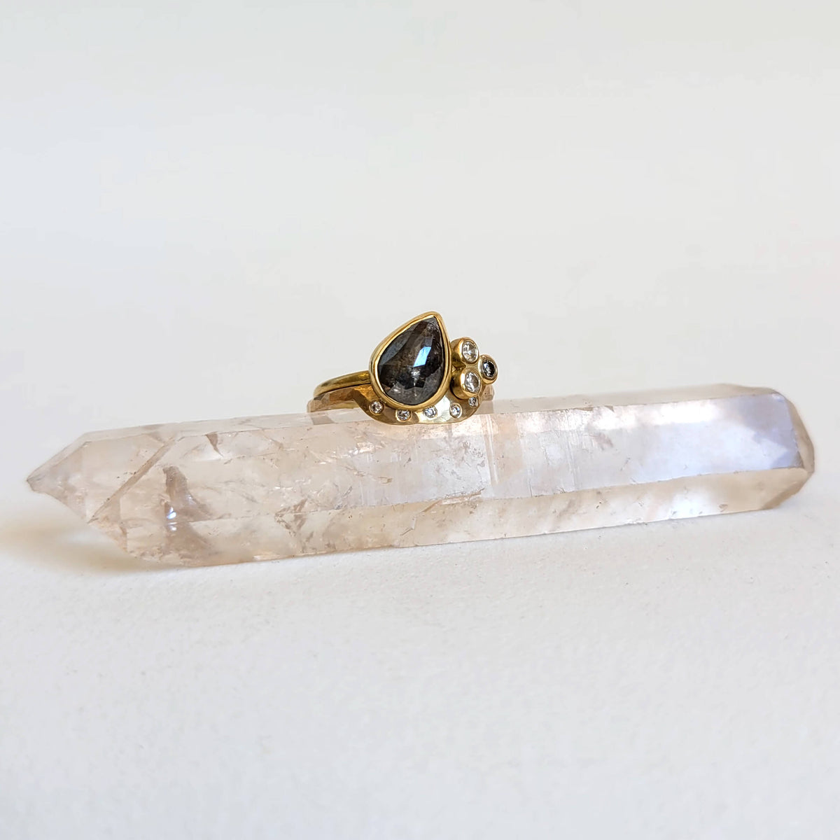 Tilted Gray Teardrop Diamond Cluster Ring in Yellow Gold