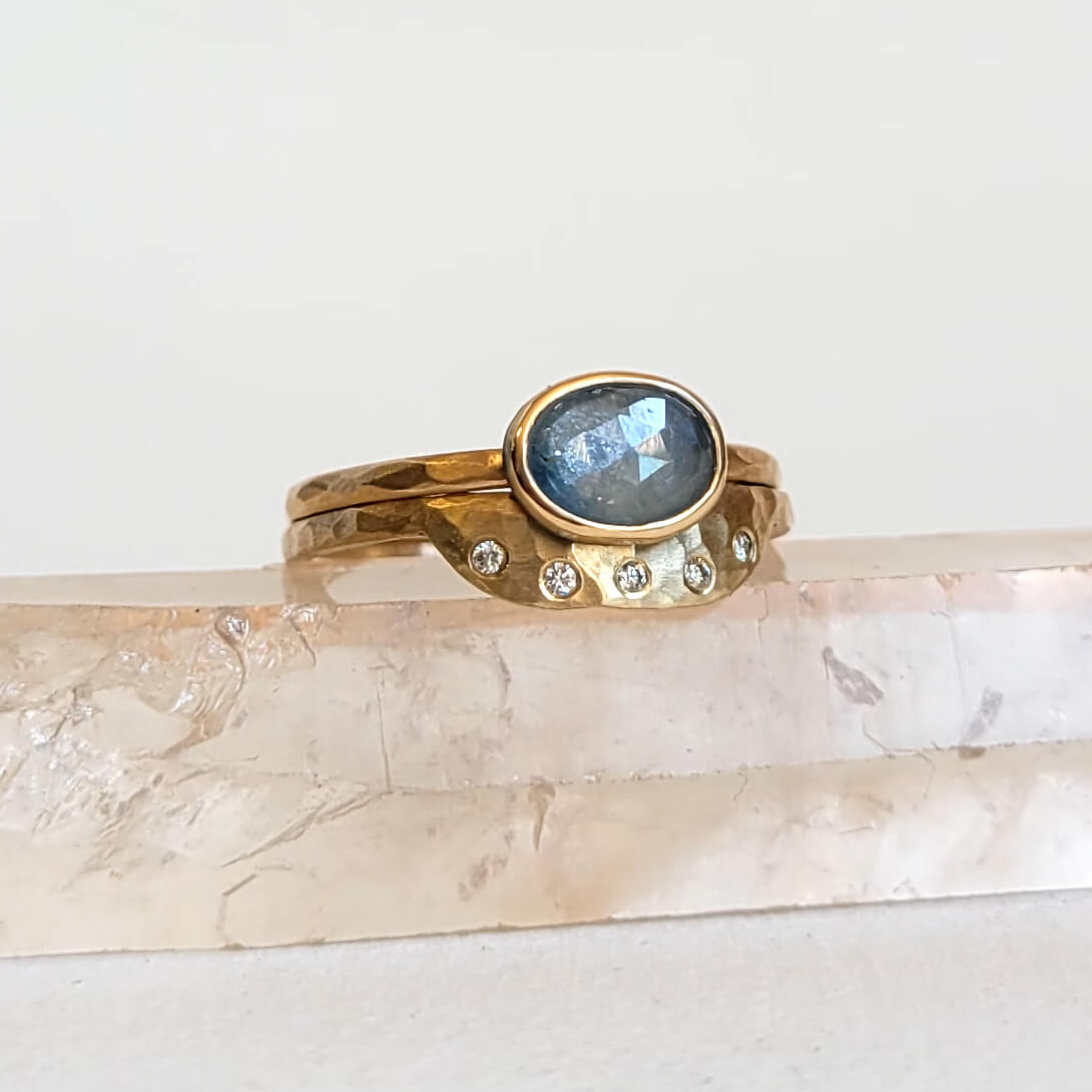 Handcrafted Hammered Yellow Gold and Diamond Stacking Ring