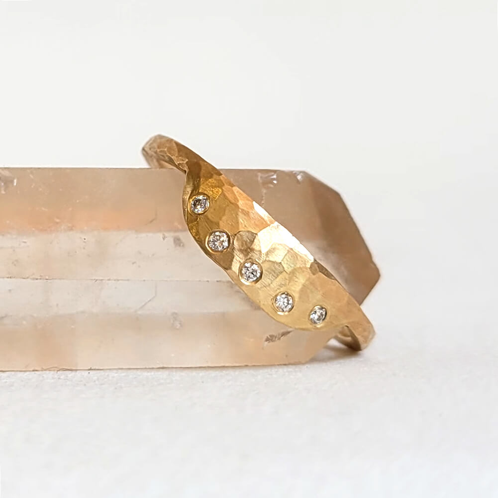 Handcrafted Hammered Yellow Gold and Diamond Stacking Ring