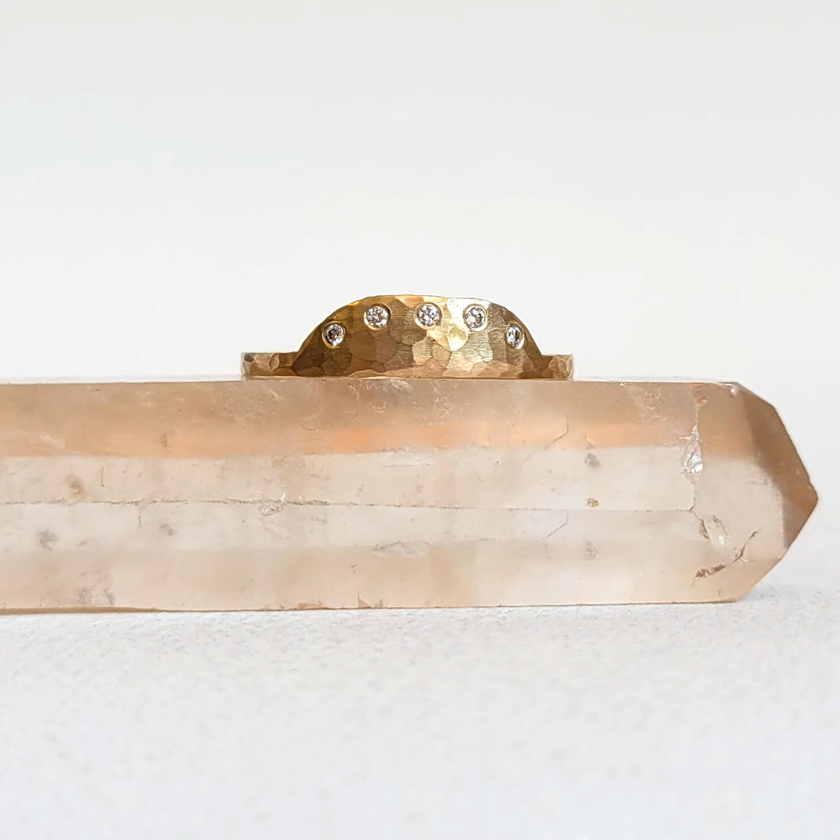 Handcrafted Hammered Yellow Gold and Diamond Stacking Ring