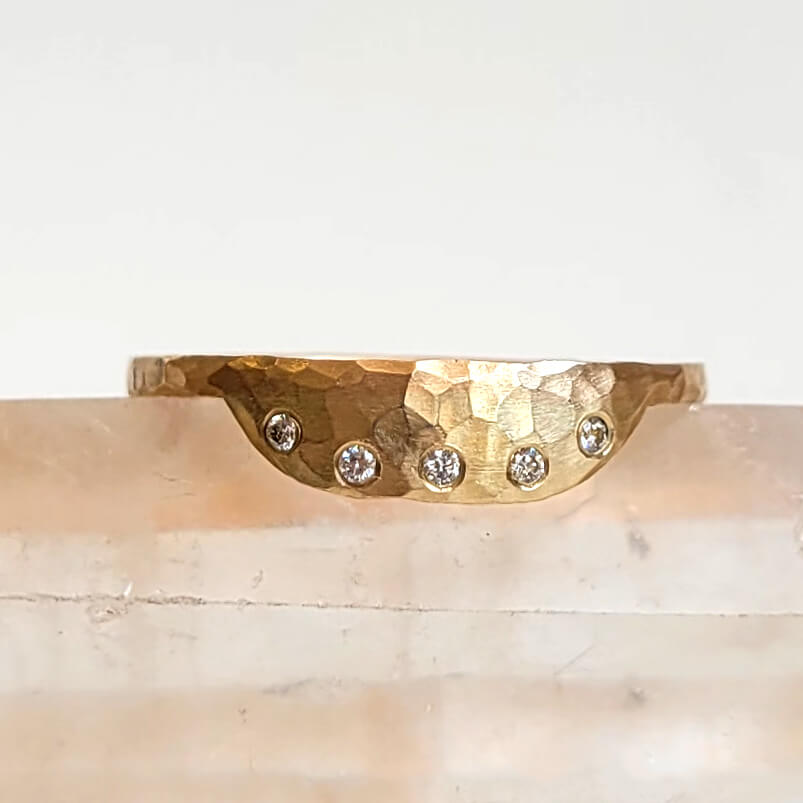 Handcrafted Hammered Yellow Gold and Diamond Stacking Ring