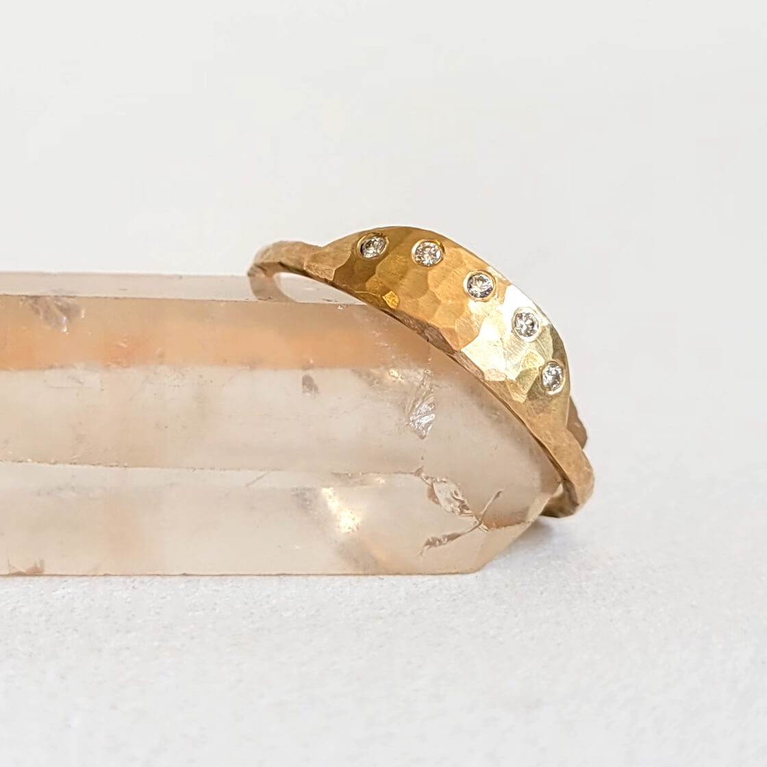 Handcrafted Hammered Yellow Gold and Diamond Stacking Ring