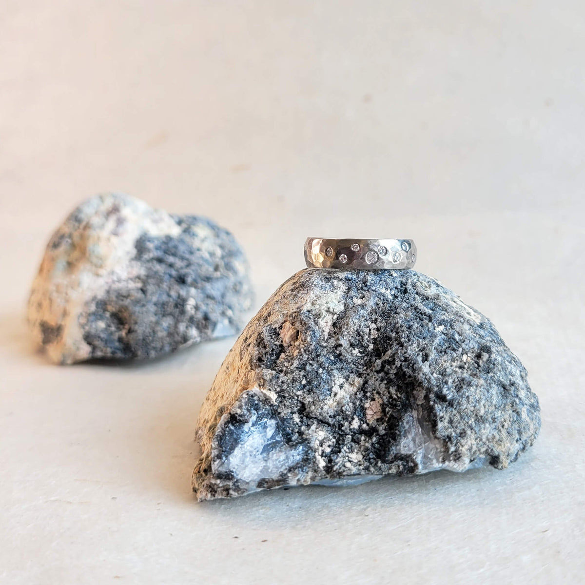 5mm Domed Hammered Band with Scattered Diamonds in Palladium