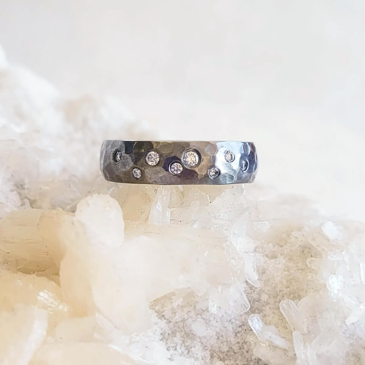 5mm Domed Hammered Band with Scattered Diamonds in Palladium