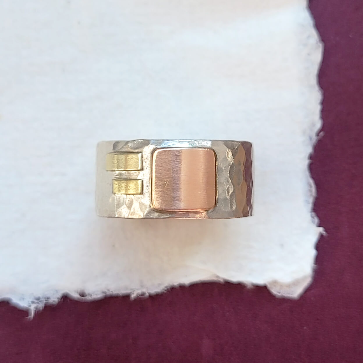 8mm Band in Hammered Sterling Silver with Mixed Gold Accents