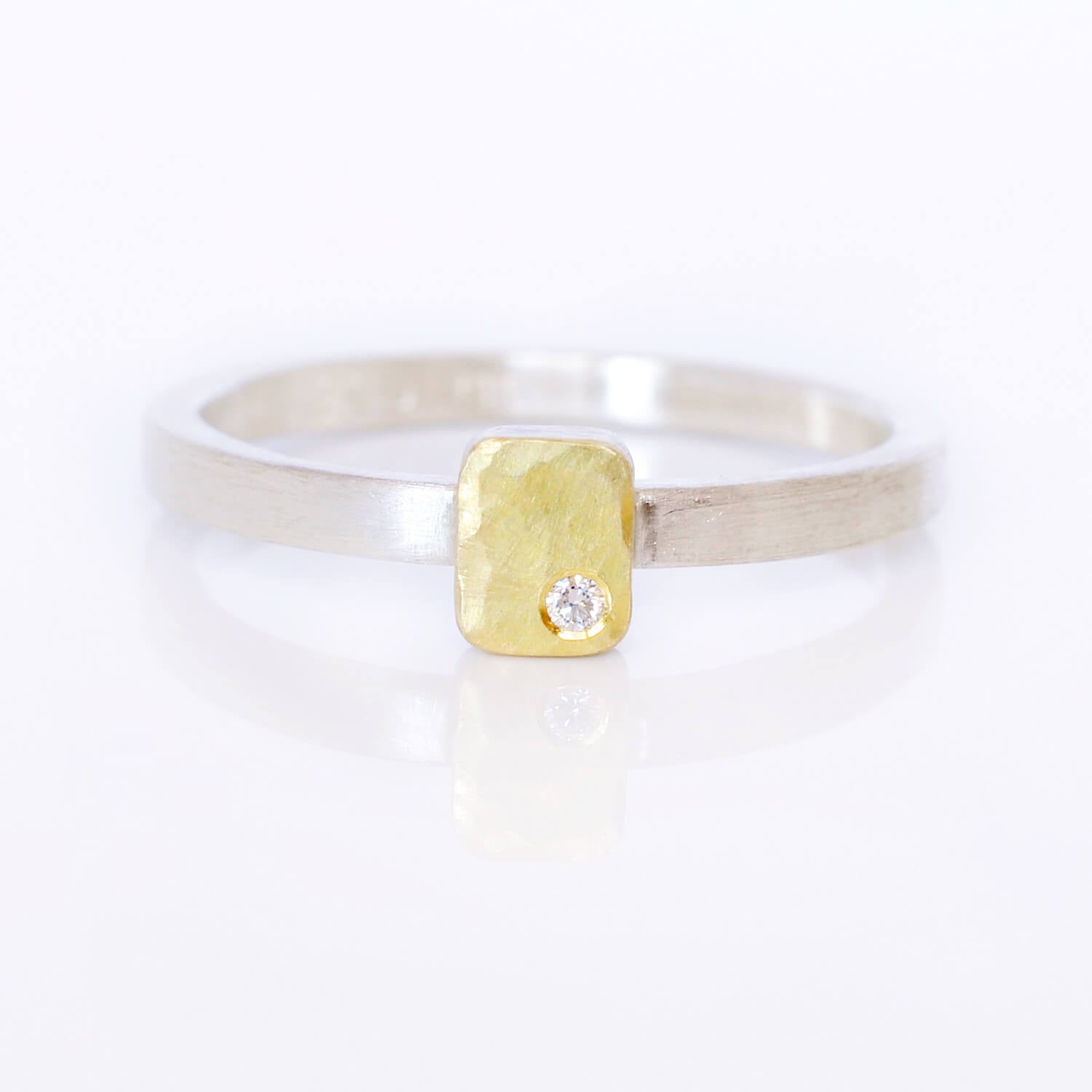 Rectangle Cell Ring in Sterling Silver and Hammered Yellow Gold with Diamond Accent