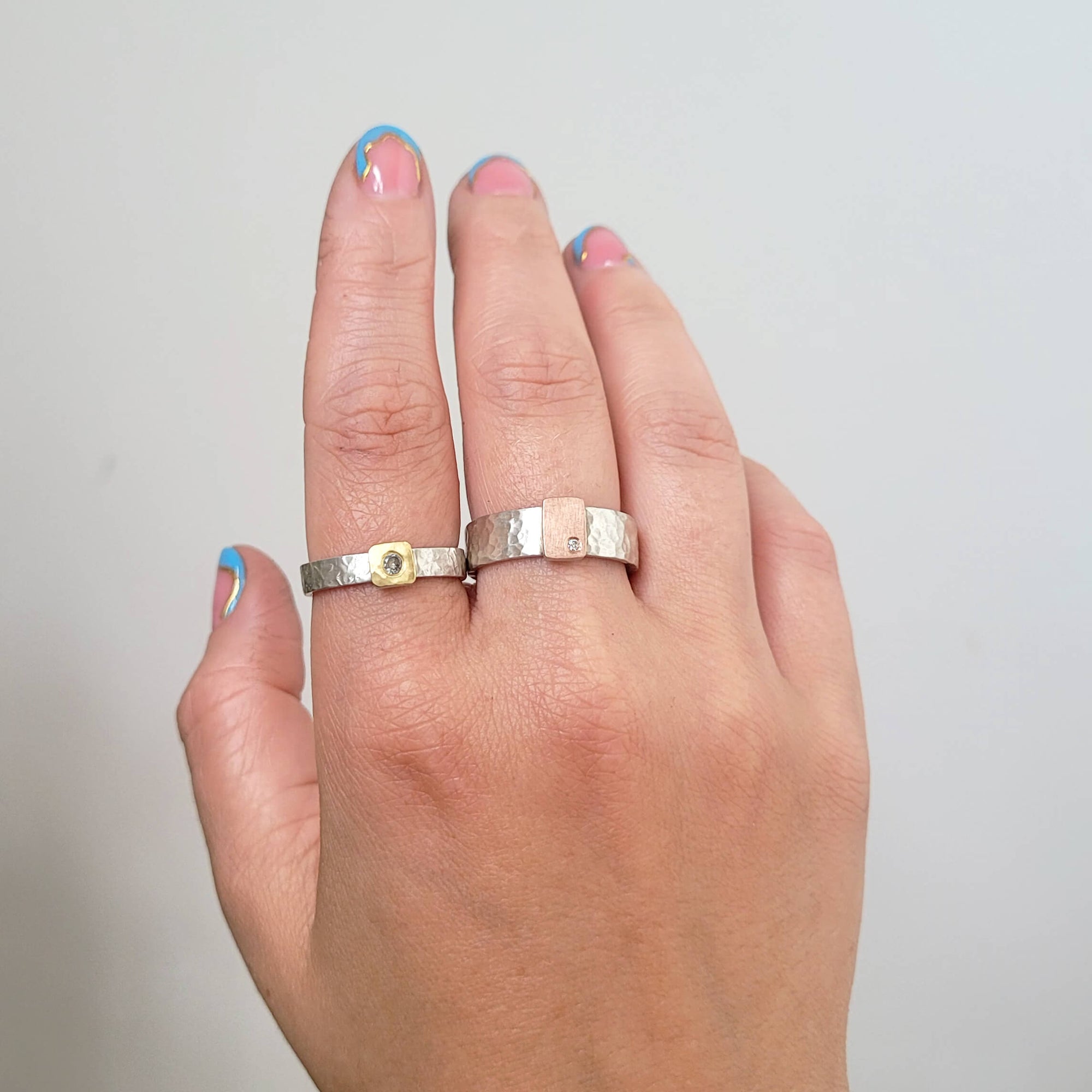 Raised 18ky Gold Square Cell on Wide Hammered Sterling Silver Band