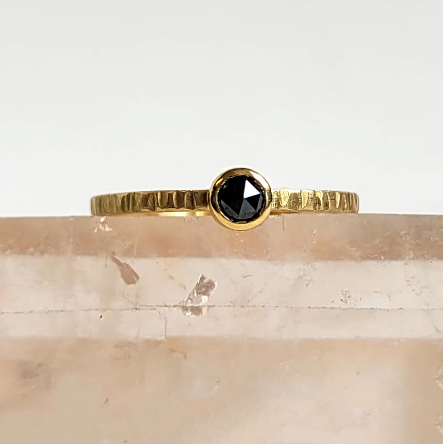 Black Rose Cut Diamond Ring in Linear Hammered Yellow Gold