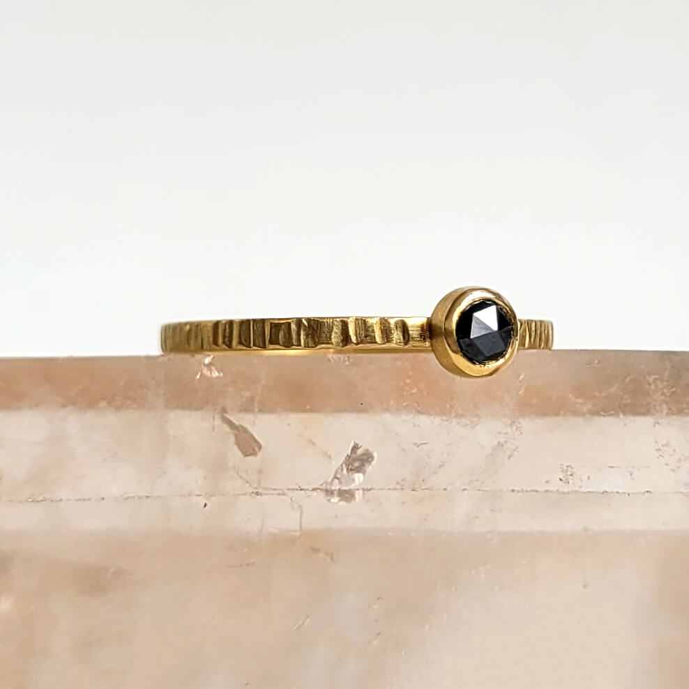 Black Rose Cut Diamond Ring in Linear Hammered Yellow Gold