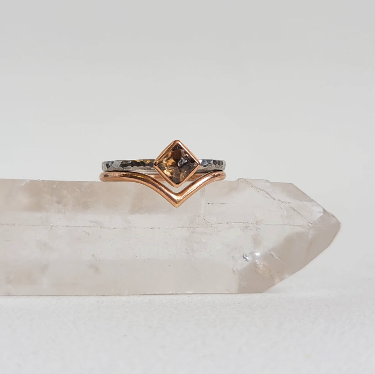 Raw Champagne Diamond Ring in Palladium and Rose Gold