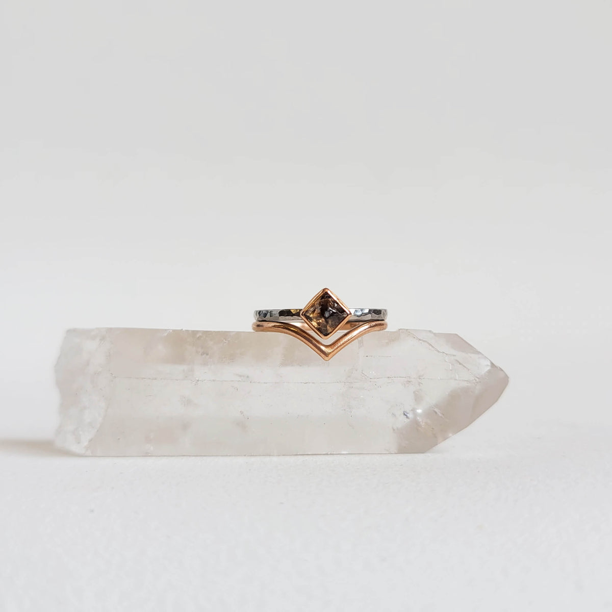 Raw Champagne Diamond Ring in Palladium and Rose Gold