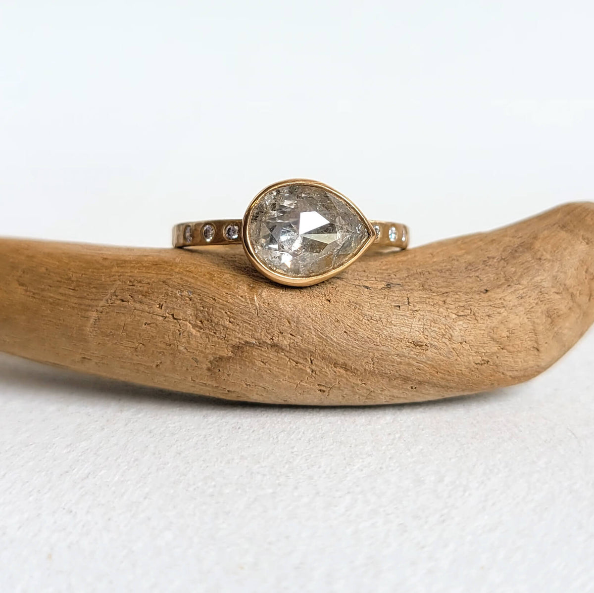 Teardrop Rose Cut Ice Diamond Ring with Accent Diamonds in Yellow Gold