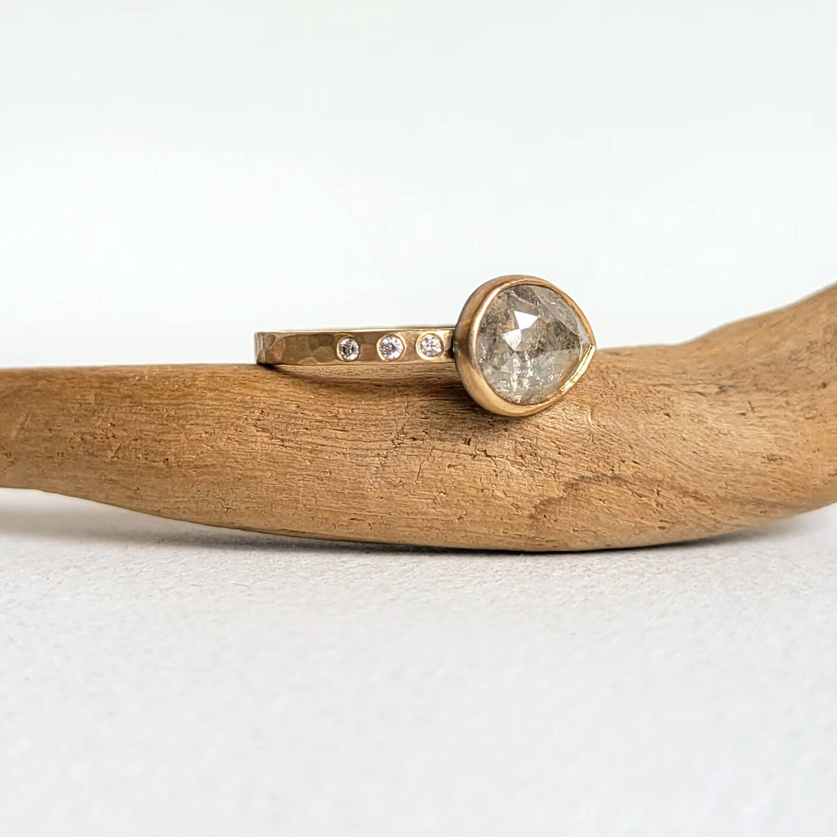 Teardrop Rose Cut Ice Diamond Ring with Accent Diamonds in Yellow Gold