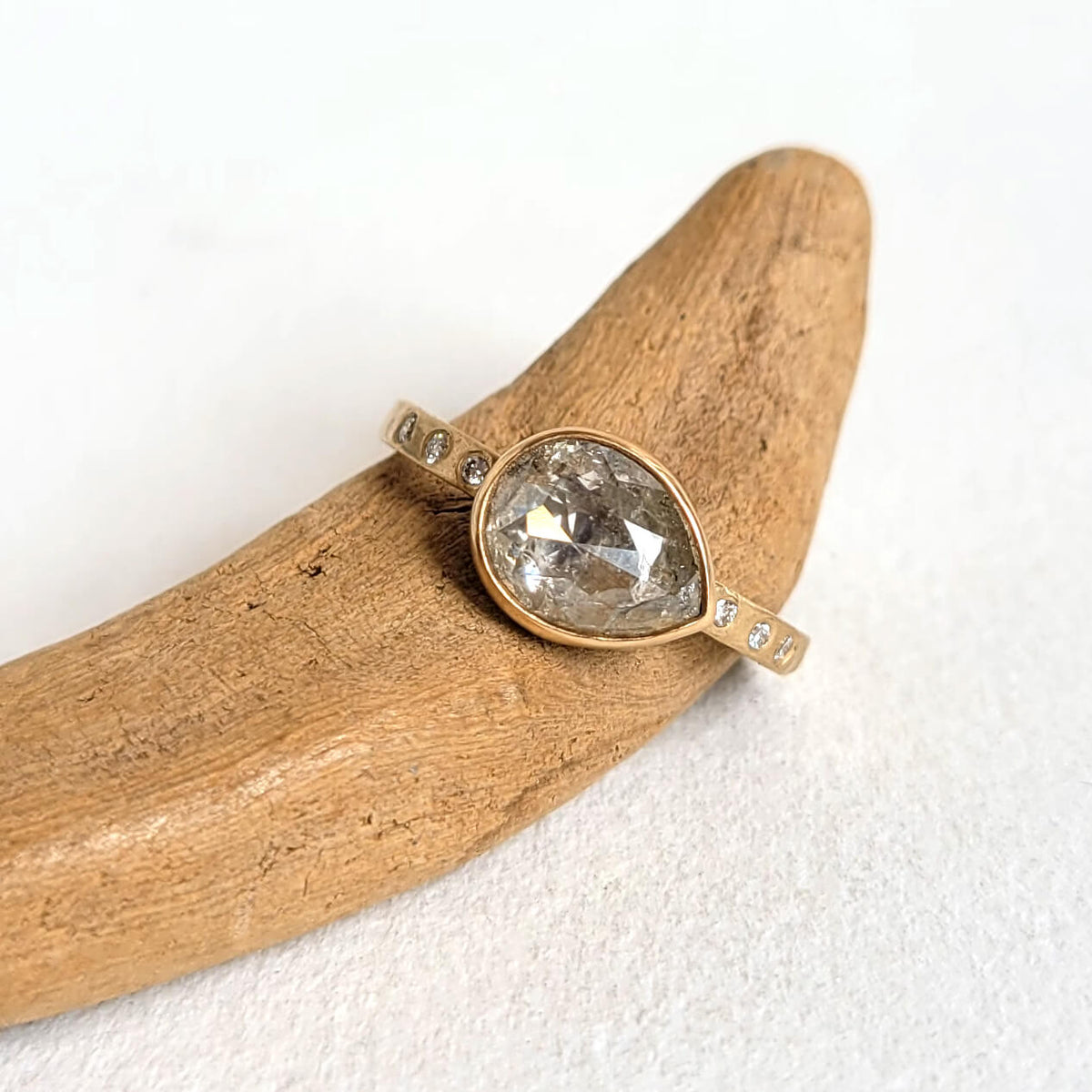 Teardrop Rose Cut Ice Diamond Ring with Accent Diamonds in Yellow Gold