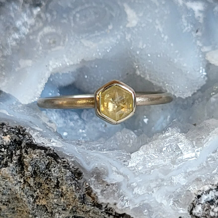 Hexagonal yellow rose cut diamond set in palladium white gold. Handmade in Minneapolis, MN by EC Design with a conflict-free stone and recycled metal.