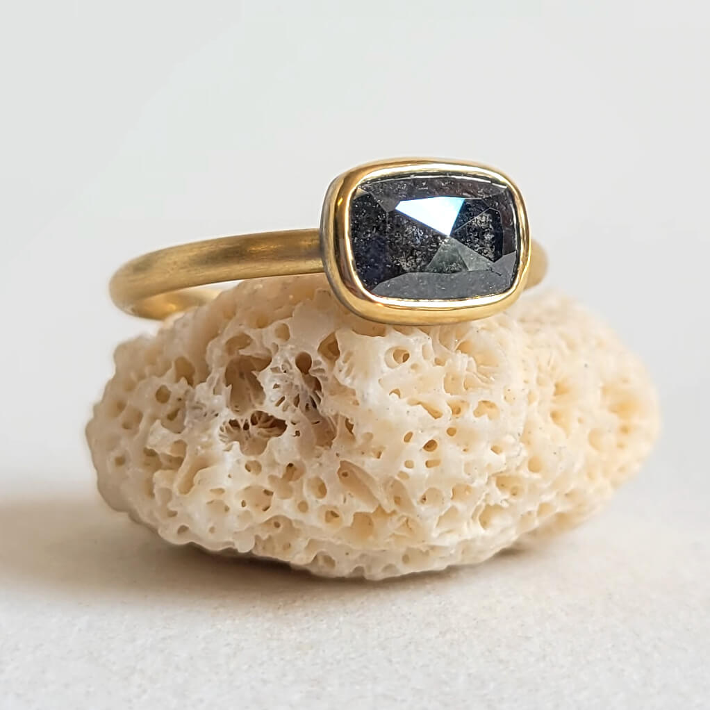 Rectangular Salt and Pepper Rose Cut Diamond Ring