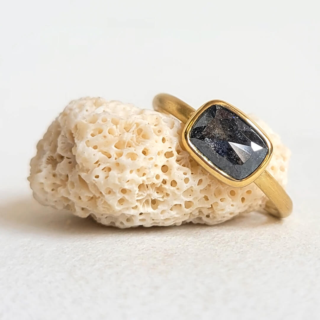 Rectangular Salt and Pepper Rose Cut Diamond Ring