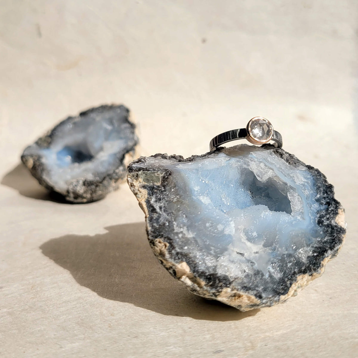 Rose Cut Diamond Ring in Palladium and Rose Gold