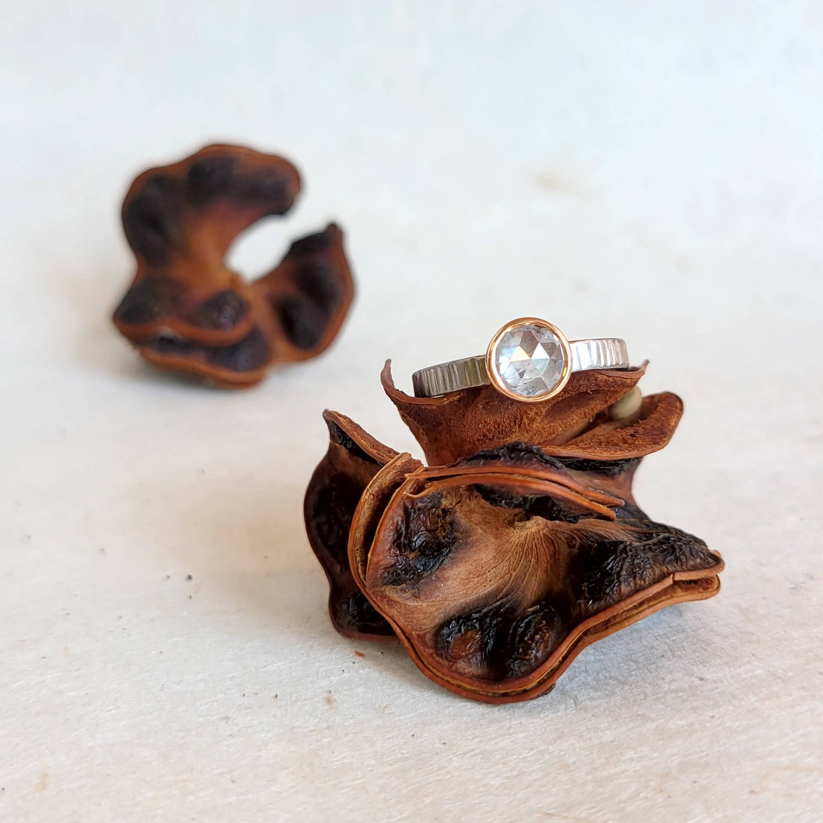 Rose Cut Diamond Ring in Palladium and Rose Gold